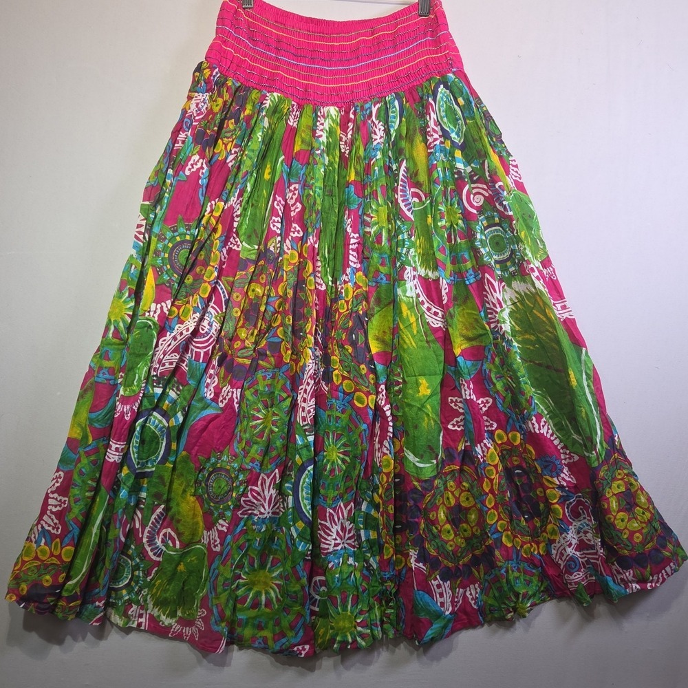 C.A.M. Free Size Boho Maxi Skirt Pink Green Floral Print Smocked Waist Cotton‎